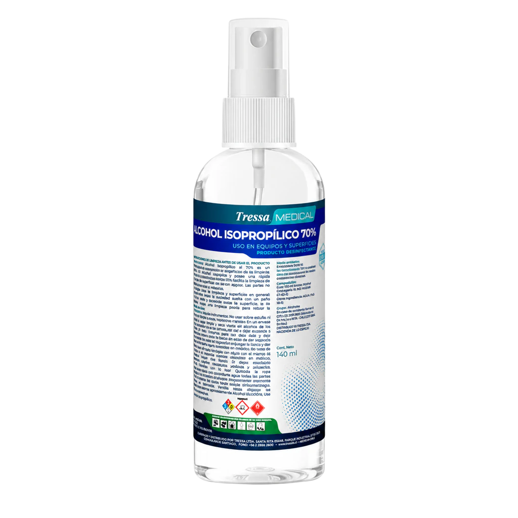 Alcohol Isopropílico 70° Spray 140 ml, alcohol isopropílico desinfectante para superficies, Tressa Medical