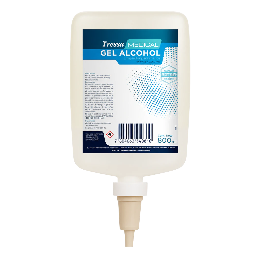 Gel Alcohol 70° Para Manos Frasco Colapsable 800 ml, gel alcohol, uso en manos, Tressa Medical