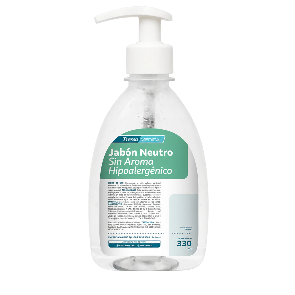 Jabón Neutro Sin Aroma Hipoalergénico con Dosificador 330 ml, jabones para manos y piel, Tressa Medical